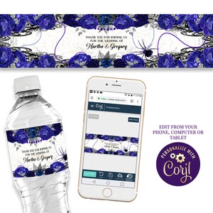 Bearbeitbare Gothic Hochzeit Wasserflasche Etiketten Royal Blau Gothic Hochzeit Trinkflasche Wrapper Gothic Dekor Hexe Aufkleber Oktober Hochzeit ID190
