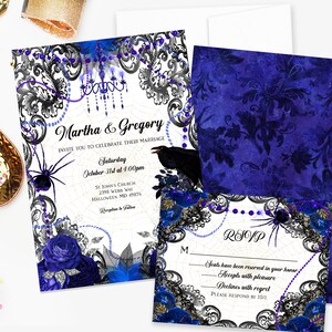 May include: Wedding invitation set with a gothic theme. The invitation features a black spider, raven, and blue floral accents. The RSVP card is included. The text reads "Martha & Gregory" and "October 31st at 4:00pm".