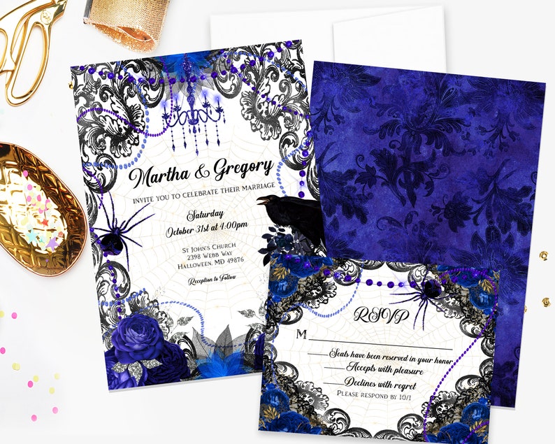 May include: Wedding invitation set with a gothic theme. The invitation features a black spider, raven, and blue floral accents. The RSVP card is included. The text reads "Martha & Gregory" and "October 31st at 4:00pm".