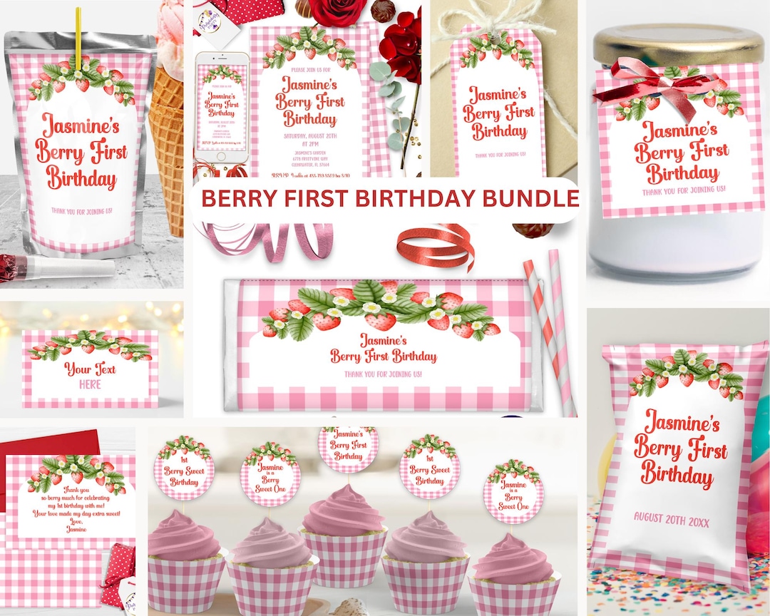 Berry First Birthday Bundle Pink Gingham Party Strawberry Theme 1st ...