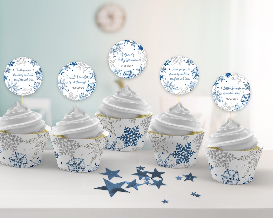 Editable Snowflake Cupcake Toppers and Wrappers Blue Winter - Etsy