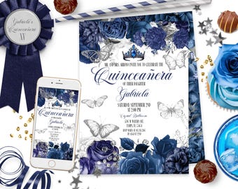 Marine-Blau Quinceanera Einladung Silber Schmetterlinge Marine-Blau-Blumen-Vorlage Digital Quitte Evite Sweet 15 Geburtstag Quitte XV einladen ID288