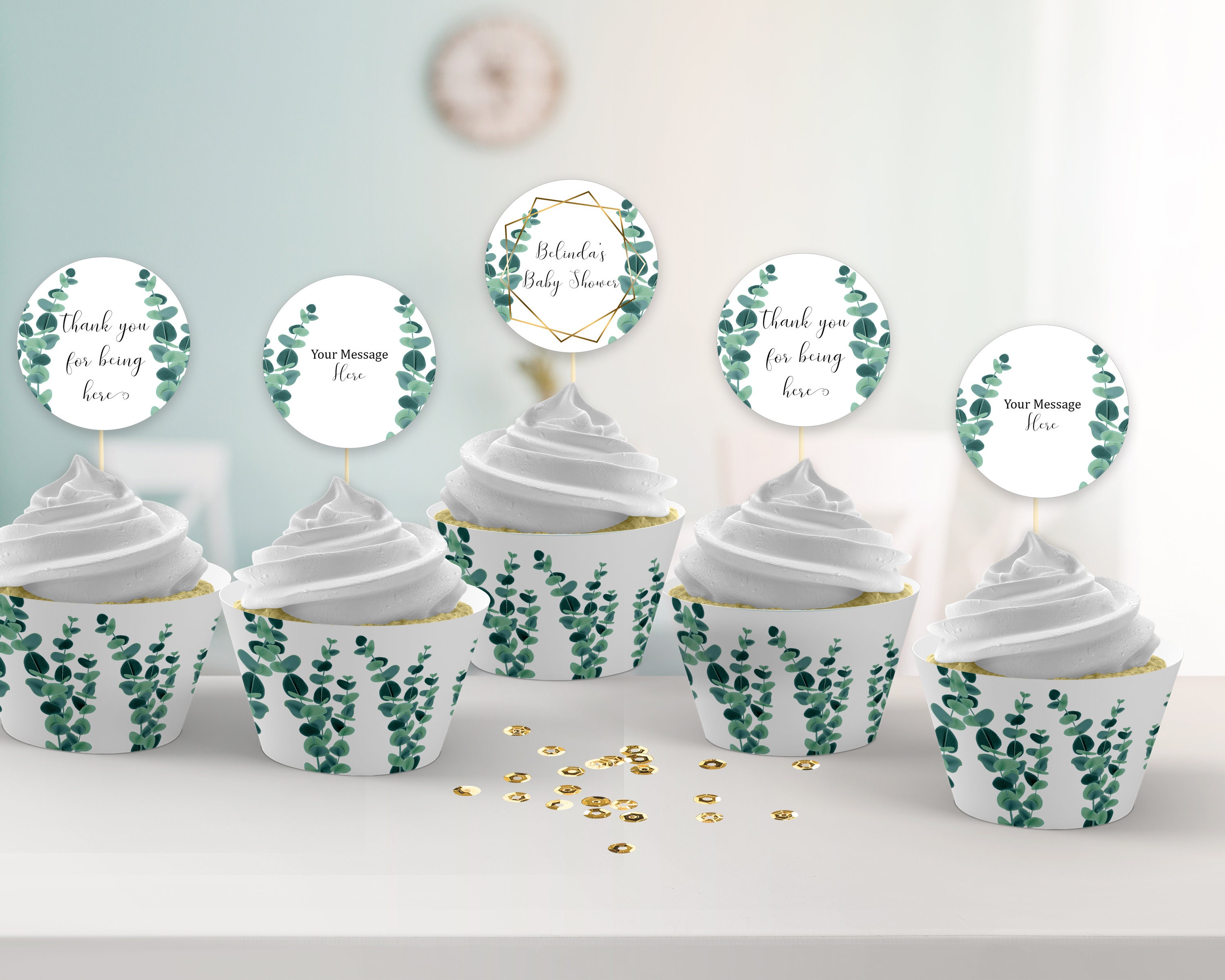 Greenery Cupcake Toppers and Cupcake Wrappers Eucalyptus Baby | Etsy