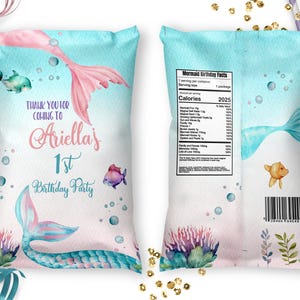 1st Birthday Mermaid Chip Bag Template Editable Mermaid First Birthday Party Decorations Watercolor Mermaid Tails Under the Sea ID101