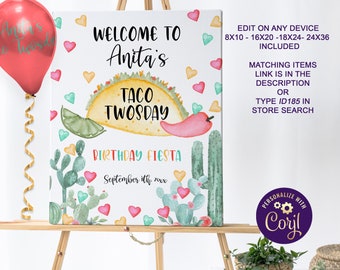 Editable Taco Twosday Welcome Signs,  Taco Tuesday Birthday Party Sign, Second Birthday, Corjl Download, ID185
