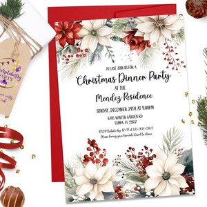 Editable Poinsettia Christmas Party Invitation Xmas Invitation Holiday Evite Classy Christmas Gift Exchange Party Family Gathering ID257 image 3