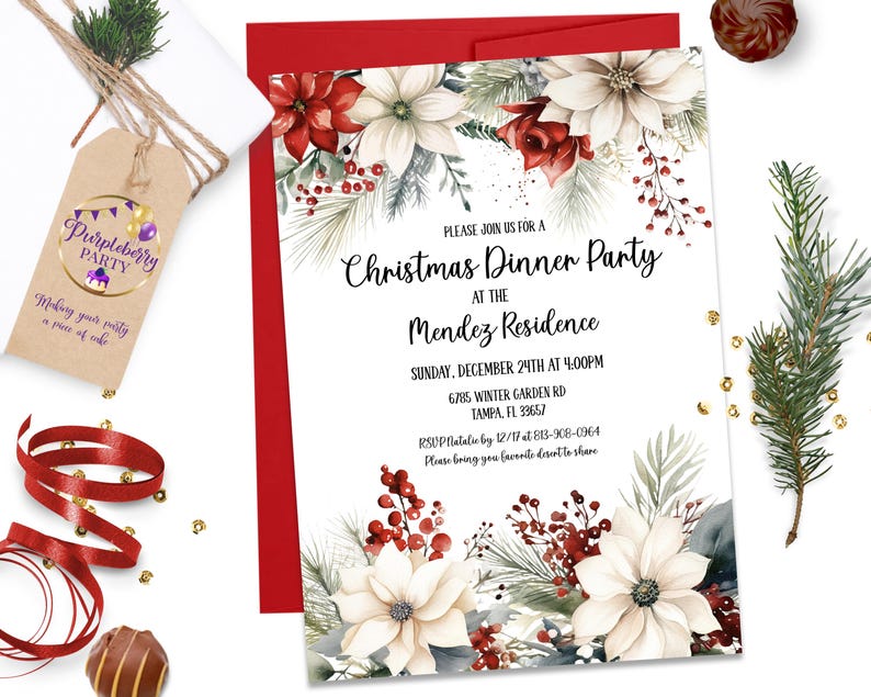 Editable Poinsettia Christmas Party Invitation Xmas Invitation Holiday Evite Classy Christmas Gift Exchange Party Family Gathering ID257 image 3