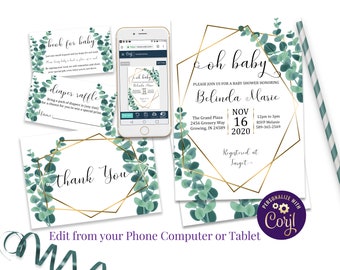 Greenery Baby Shower Invitation Set, Eucalyptus Baby Shower Bundle, Editable Template, Digital Download Invite, ID156