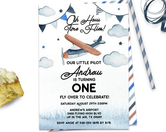Avion Modifiable Anniversaire Invitation Avion Fête Premier Anniversaire 1er Anniversaire Avion Inviter vintage Avion Time Flies Anniversaire, ID192