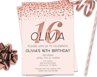 Rose Gold 16th Birthday Invitation, Sweet 16 Invitations, ID167