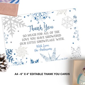 Biglietti di ringraziamento per fiocchi di neve modificabili Un piccolo fiocco di neve è sulla strada Grazie Winter Wonderland Baby Shower, ID206
