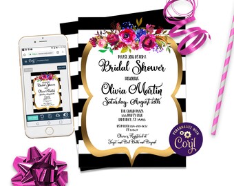 Black White and Gold Bridal Shower Invitations Stripes and Flowers Wedding Invitations Editable Template, ID102