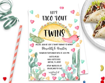May include: A watercolor illustration of a taco with the words "Let's Taco 'Bout Twins" and a pink chili pepper. The invitation is for a twins shower to honor Meredith & Houston on Saturday, September 18th at 2:00 PM. The event will be held at Fiesta Place, 5890 Fiesta Blvd., Austin, TX 23787. RSVP to Meredith at 789.876.4857 by 9/2. The registry is at Target.
