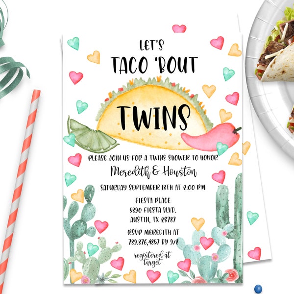 Editable Lets Taco Bout Twins Shower Invite Twin Taco Baby Shower Fiesta Invitation twin boys girls coed Mexican gender neutral corjl ID185