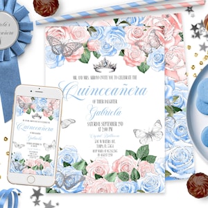 Quinceanera rosa chiaro blu fiori rosa azzurri farfalle argento modello invito Quince Quince digitale invito Sweet 15 compleanno ID247