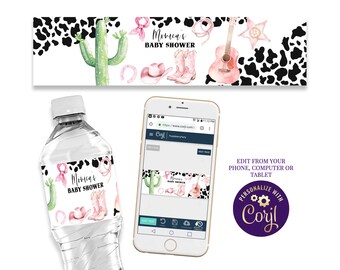 May include: Water bottle label with a cow print background, pink cowboy boots, a cactus, a pink guitar, and the text "Monica's Baby Shower".