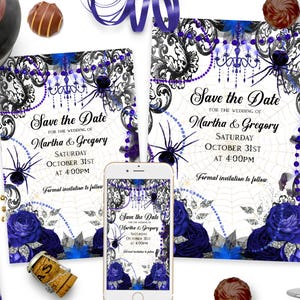 Modèle Save the Dates gothique bleu pour mariage de sorcière gothique, réservez une date Evite modifiable, mariage gothique floral bleu royal, réservez une date ID190