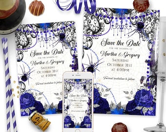 Blue Gothic Save the Dates Template Gothic Witch Wedding Save the Date Evite Editable Royal Blue Floral Goth Wedding Save the Date ID190