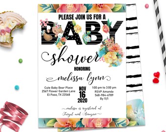 Editable Bear Baby Shower Floral Invitation Girl Instant Download, Corjl Template, ID162