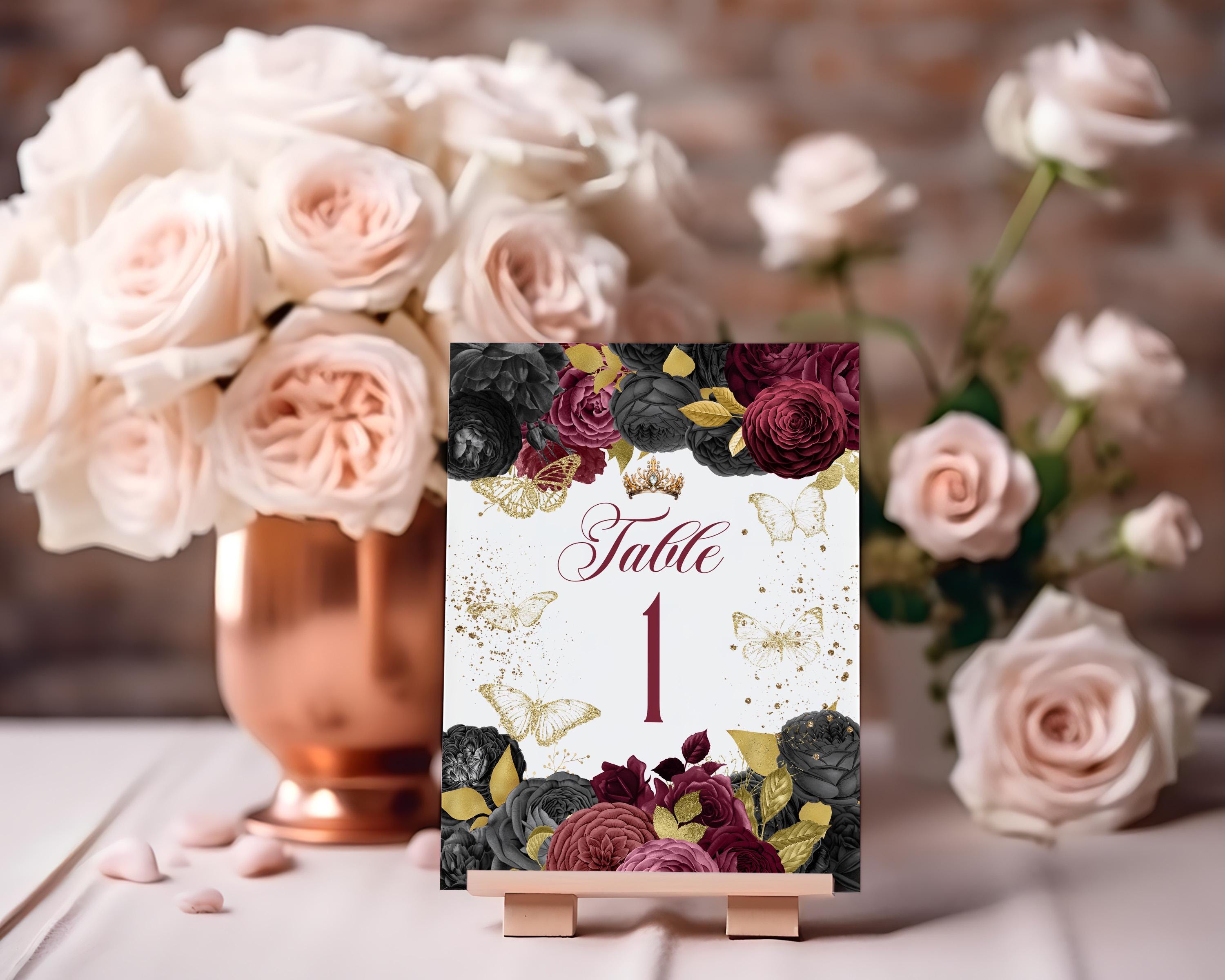 Numbers With Roses 11 Editable Burgundy Black Quinceanera Table Numbers Flowers Gold ...