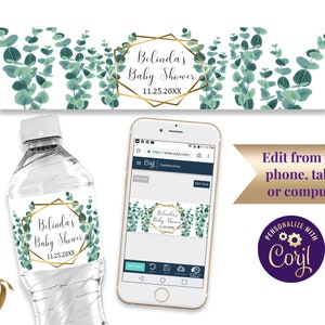 Greenery Water Bottle Labels, Eucalyptus Bottled Water Stickers, Editable Labels, ID156