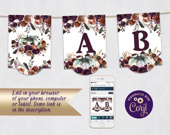 Op de afbeelding: Een herfstthema banner, met een turquoise pompoen en bloemstukken in tinten bordeaux, bruin en crème. De banner bevat de letters "A" en "B". De tekst "Edit in your browser..." is ook zichtbaar.