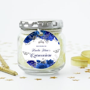 Etichette per bomboniere a cerchio Quinceanera blu reale con rose blu e farfalle d'argento Etichetta regalo circolare da 2 pollici Decorazioni per feste di mele cotogne ID243