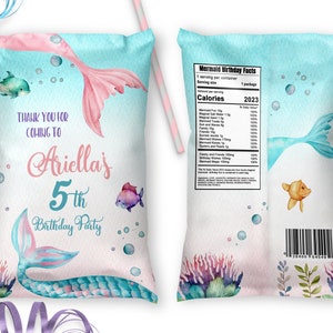 Editable Mermaid Chip Bag Template Mermaid Birthday Party Decorations Watercolor Mermaid Tails Under the Sea Little Mermaid Girls ID101