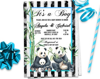 May include: It's a Boy baby shower invitation with a black and white striped background. The invitation features a watercolor illustration of two pandas with bamboo plants. The text on the invitation reads "It's a Boy", "Please join us for a baby shower to honor Angela & Gabriel", "Saturday July 27th", "Bamboo Baby 4896 Lovely Leaves Ln Knoxville, TN 25987", "RSVP Text or Call 842-789-3654", "Registered at Target & Buy Buy Baby", "2:00 PM to 4:30 PM".