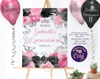 Editable Pink and Black Quinceanera Welcome Sign with Silver Butterflies XV Quince Party Sign Editable Lilac Quince Poster ID279