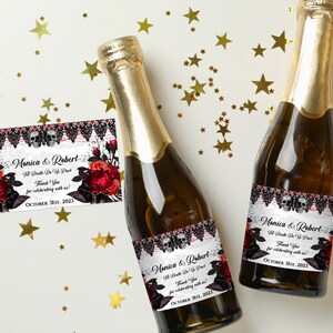 Halloween Hochzeit Mini SektFlaschenaufkleber, Gothic Mini Champagner Aufkleber, totenkopf rote Rosen, ID189