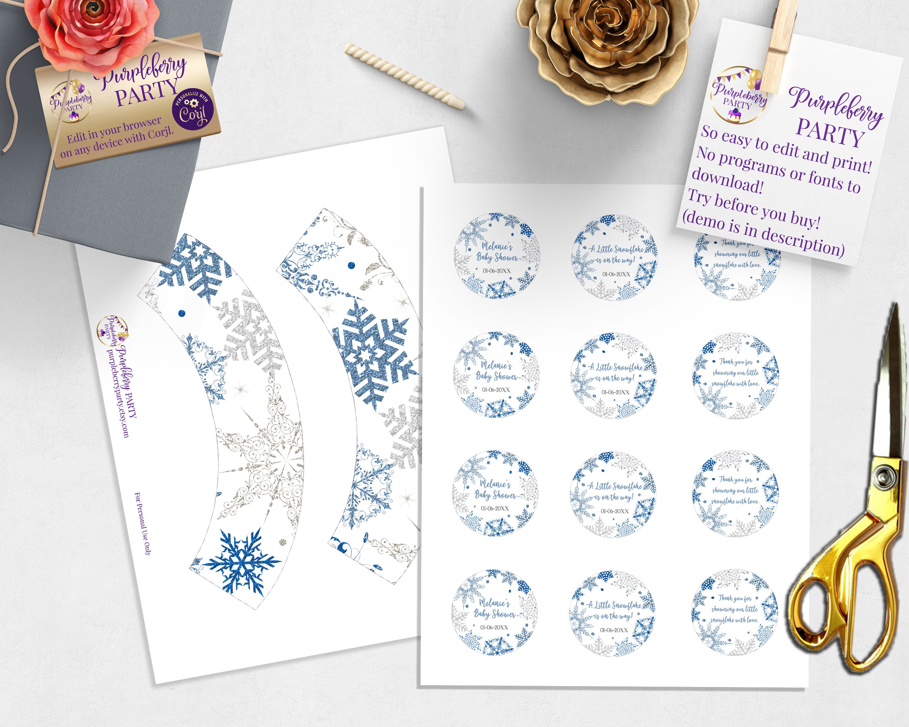 Editable Snowflake Cupcake Toppers and Wrappers Blue Winter - Etsy