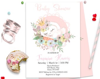 Bunny Baby Shower Invitation, Girl Bunny Theme Baby Shower,   ID165