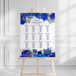 Quinceanera zitplaatsen grafiek koningsblauwe bloemen rozen met zilveren vlinders kweepeer partij teken decoraties grote zitplaatsen grafiek Board ID243