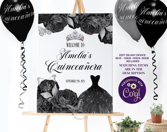 May include: A welcome sign for a Quinceañera, featuring a black and white floral design with a crown and a black dress. The sign says "Welcome to Amelia's Quinceañera" and "September 2nd, 202X".