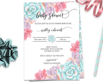 Op de afbeelding: Een uitnodiging voor een babyshower met een succulentenbloemendesign. De uitnodiging is wit met zwarte tekst en bevat de tekst "baby shower", "ashley edwards", "November 30th", "2:00 pm", "BABY PLAZA", "2578 BABY SUCCULENT RD", "TUCSON, AZ 23659", "RSVP: ASHLEY 235-968-3659", "registered at", "TARGET & AMAZON".