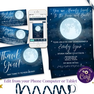 Moon and Stars Baby Shower Invitation Set, Twinkle Little Star Invitation Bundle, ID158