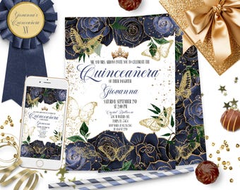 Marine-Blau Quinceanera Einladung Blaue Blumen und Gold Schmetterlinge Quitte Einladen Vorlage Digitale Quitte Evite Sweet 15 Geburtstag ID198