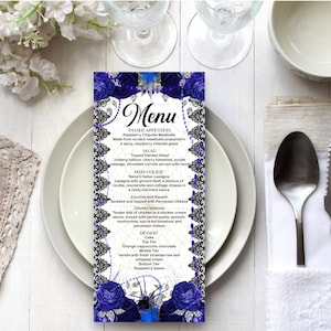 Modèle de menu de mariage gothique modifiable Menu à thème de mariage gothique bleu Mariage d'octobre Mariage sorcière Modèle de menu gothique bleu royal ID190