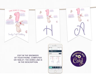 Some Bunny is One Birthday Banner Editable First Birthday Some Bunny is Turning 1 Editable Bunny Banner Easter Rabbit Decor ID221