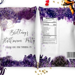 Purple Watercolor Halloween Chip Bags Halloween Birthday Party Editable Chip Bag Template Halloween Party Snack Bags ID261
