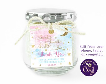 Editable Twinkle Twinkle Little Star Gender Reveal Favor Tags Blue and Pink Thank You Tags, ID172