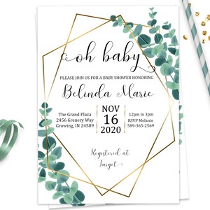 Greenery Baby Shower Invitation, Oh Baby Invitation, Editable Instant Download, ID156