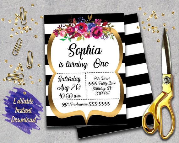 black and white striped invitation downloadable invites etsy