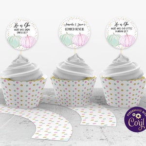 Pumpkin Gender Reveal Cupcake Toppers and Cupcake Wrappers, Gender Reveal Ideas, ID200