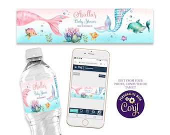 Etiquetas editables para botellas de agua de sirena, para el primer cumpleaños de la sirena, para el quinto cumpleaños, para la fiesta, para la botella con colas de acuarela bajo el mar, ID101