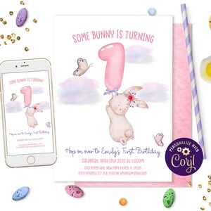 Some Bunny is One Bunny 1歳の誕生日イースター招待状 Bunny 1歳の誕生日花柄春招待状 Bunny Party Invitations Printable ID221
