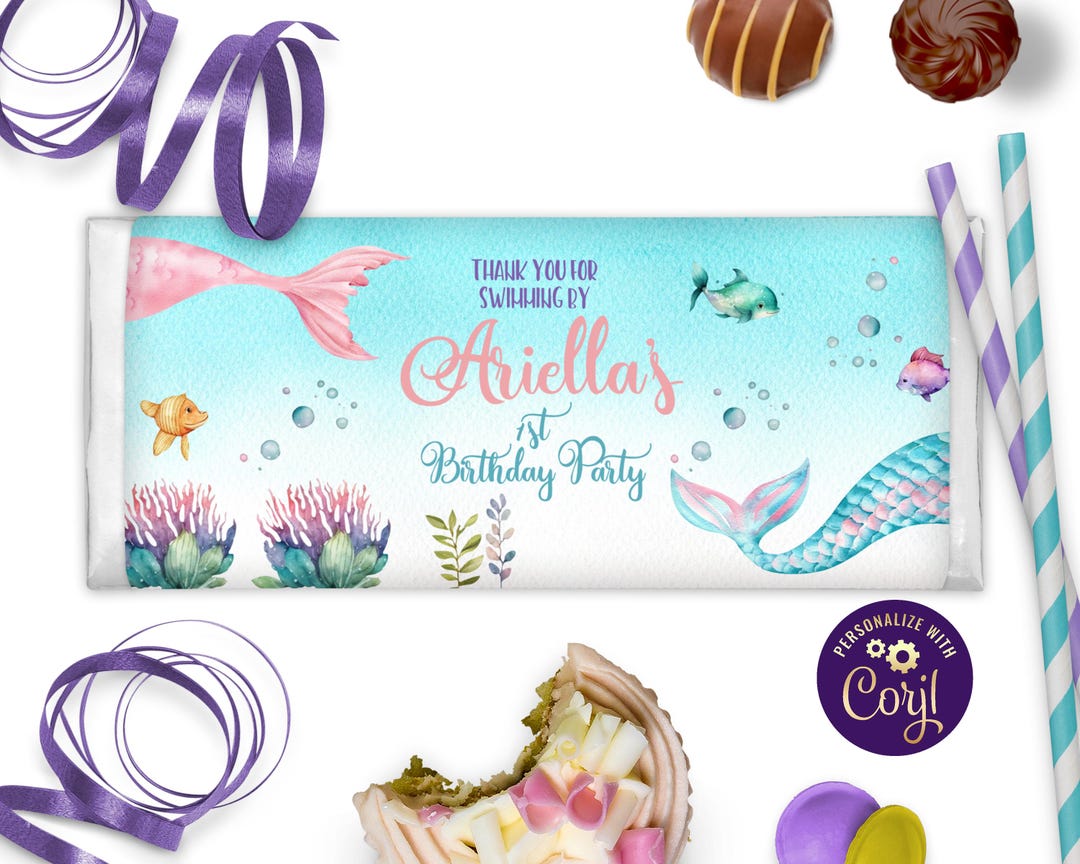 Editable 1st Birthday Mermaid Candy Bar Wrappers Mermaid Party Decor ...