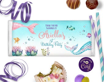Envoltorios de caramelos de sirena editables para primer cumpleaños, decoración de fiesta de sirena, fiesta de cumpleaños bajo el mar, envoltorio de caramelos Hershey, acuarela ID101