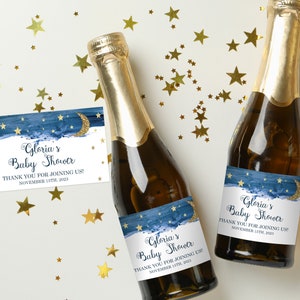 Etichette modificabili Twinkle Little Star Mini Champagne Bottle, Mini Champagne Stickers, Watercolor Navy e Gold Baby Shower per ragazzi, ID137